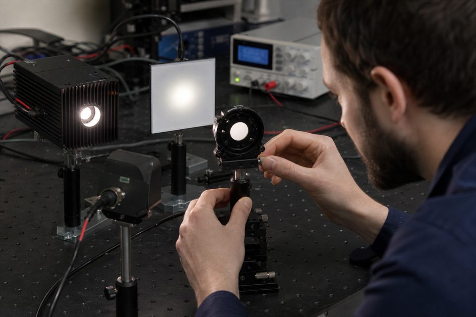 An optical engineer adjusting a custom illumination setup on a laboratory optical table