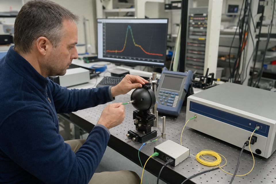 A researcher connecting fiber instrumentation for optical measurement and validation