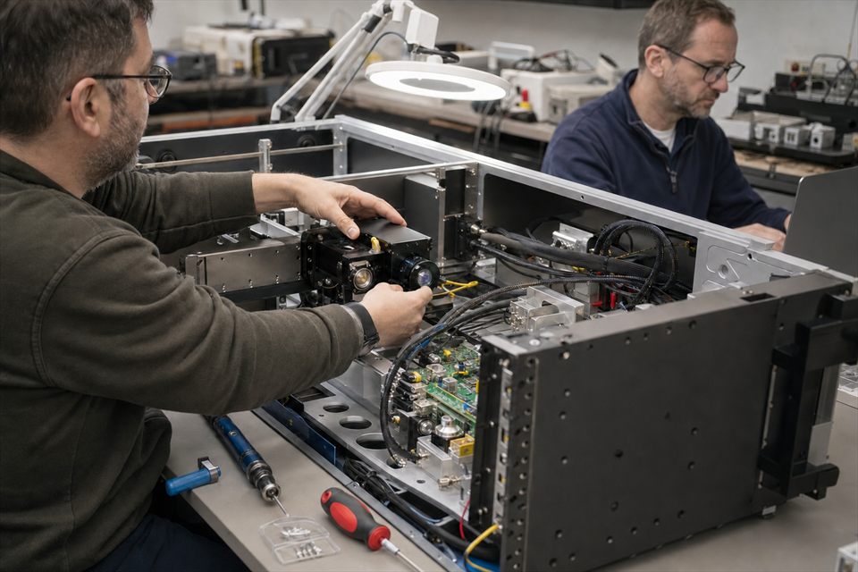Engineers integrating a custom optical module into professional equipment