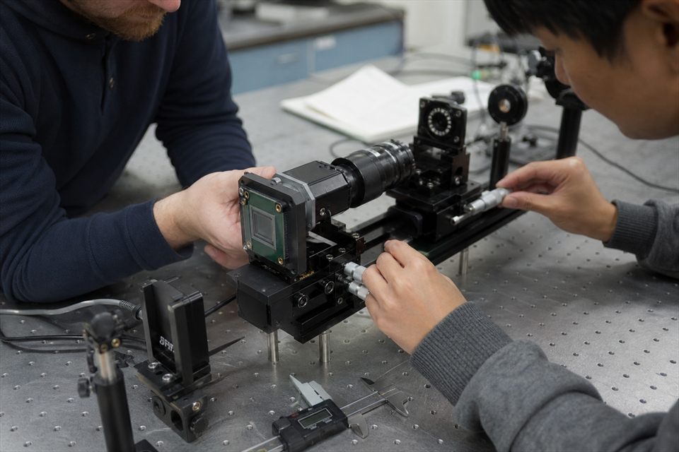 Engineers aligning a compact camera and lens assembly on a precision optical stage