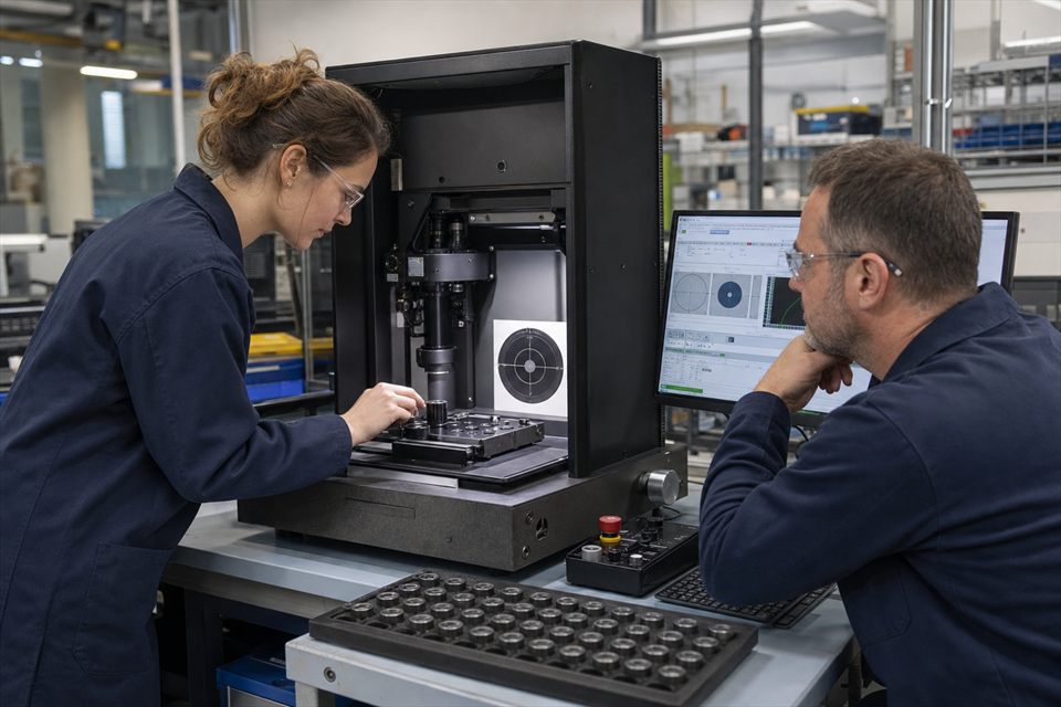 A technician and engineer using a repeatable optical production test station