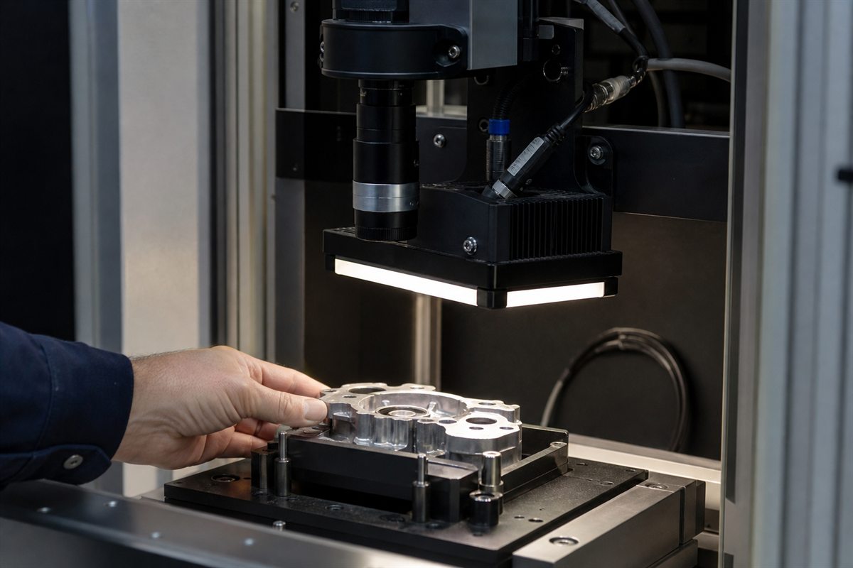 A custom illumination head inspecting a machined component within a constrained machine enclosure
