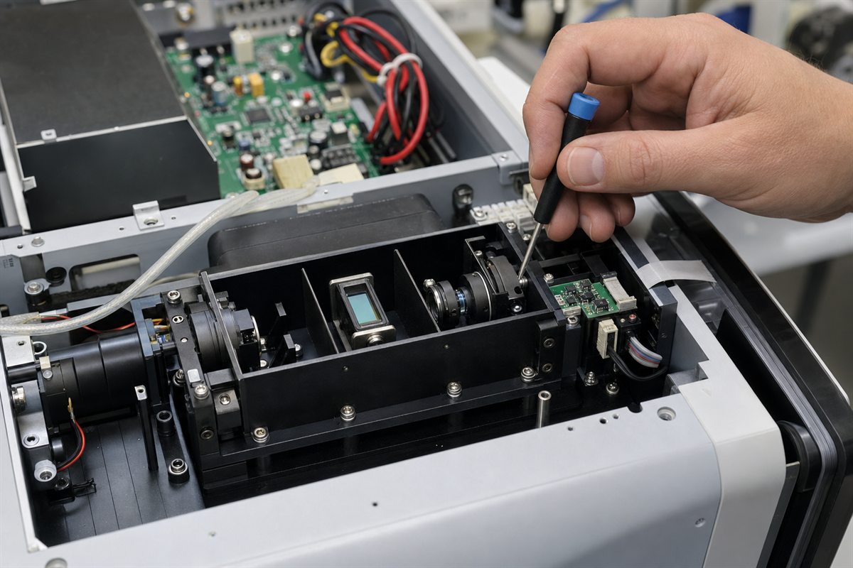 A compact source-to-detector optical sensing path integrated inside a professional instrument