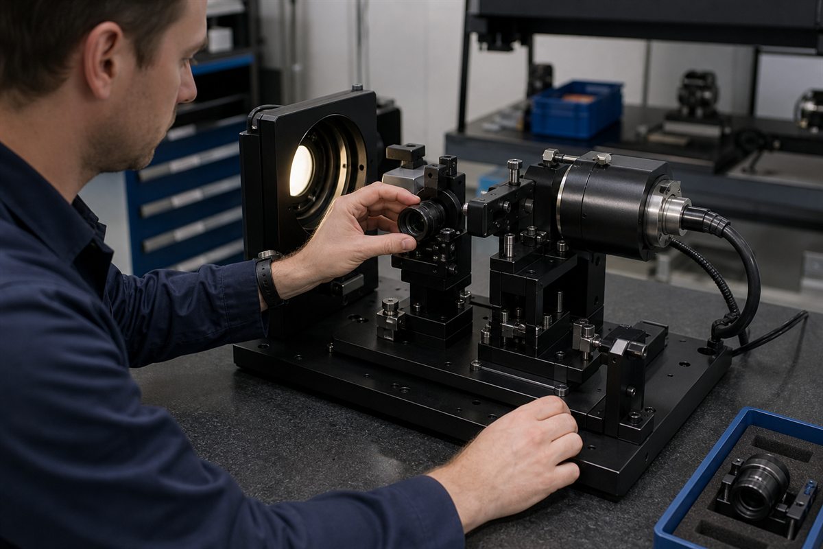 A technician using a repeatable optical acceptance fixture in a production verification workflow