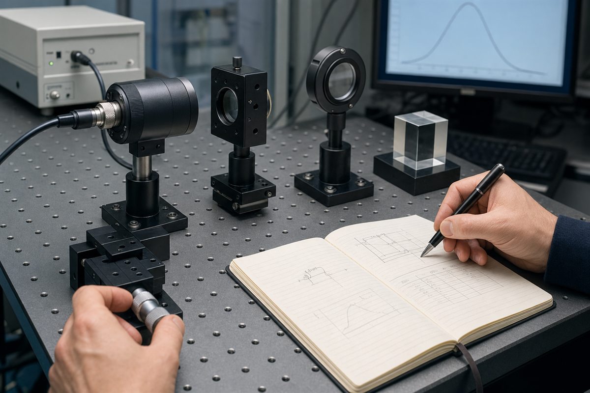 An engineer recording evidence while measuring an optical assembly on a metrology bench