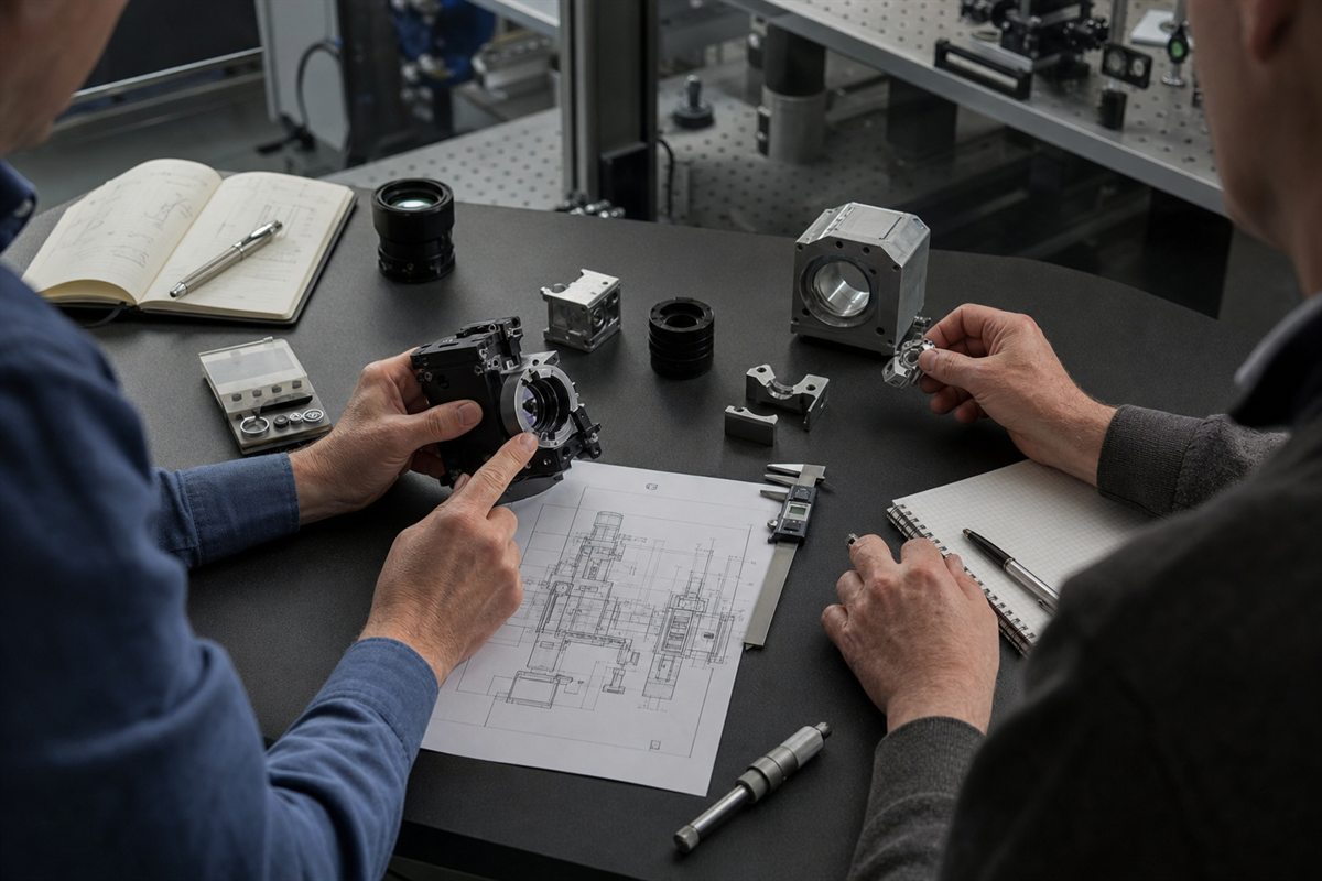 Engineers reviewing an optomechanical prototype, components, and technical drawing at a design gate